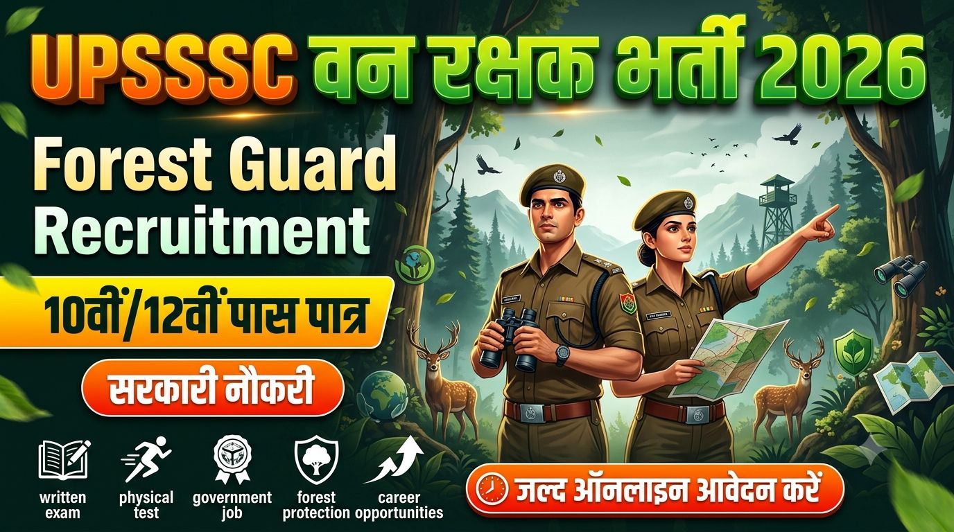 Create a high-quality, eye-catching YouTube thumbnail/poster for “UPSSSC Van Rakshak Recruitment 2026” with a powerful forest and government job theme. Use a vibrant green, yellow, orange, and dark forest color palette. Feature a confident male and female Forest Guard (Van Rakshak) in official uniform standing in a dense forest environment with trees, wildlife, mountains, and nature conservation elements in the background. Include visual elements such as forest watch towers, binoculars, deer, tigers, birds, forest patrol paths, maps, and environmental protection symbols. Add subtle government recruitment aesthetics with glowing effects, dynamic lighting, and professional exam notification design. Highlight bold Hindi-English mixed text: “UPSSSC Van Rakshak Bharti 2026” “Forest Guard Recruitment” “10th/12th Pass Eligible” “Apply Online Soon” Use large 3D typography with strong contrast, attractive text placement, and attention-grabbing banners. Add icons representing physical test, written exam, government job, forest protection, and career opportunities. The design should look official, modern, and trustworthy, with ultra-HD quality, cinematic lighting, sharp details, and a professional Sarkari Naukri poster style optimized for maximum YouTube CTR and social media engagement.